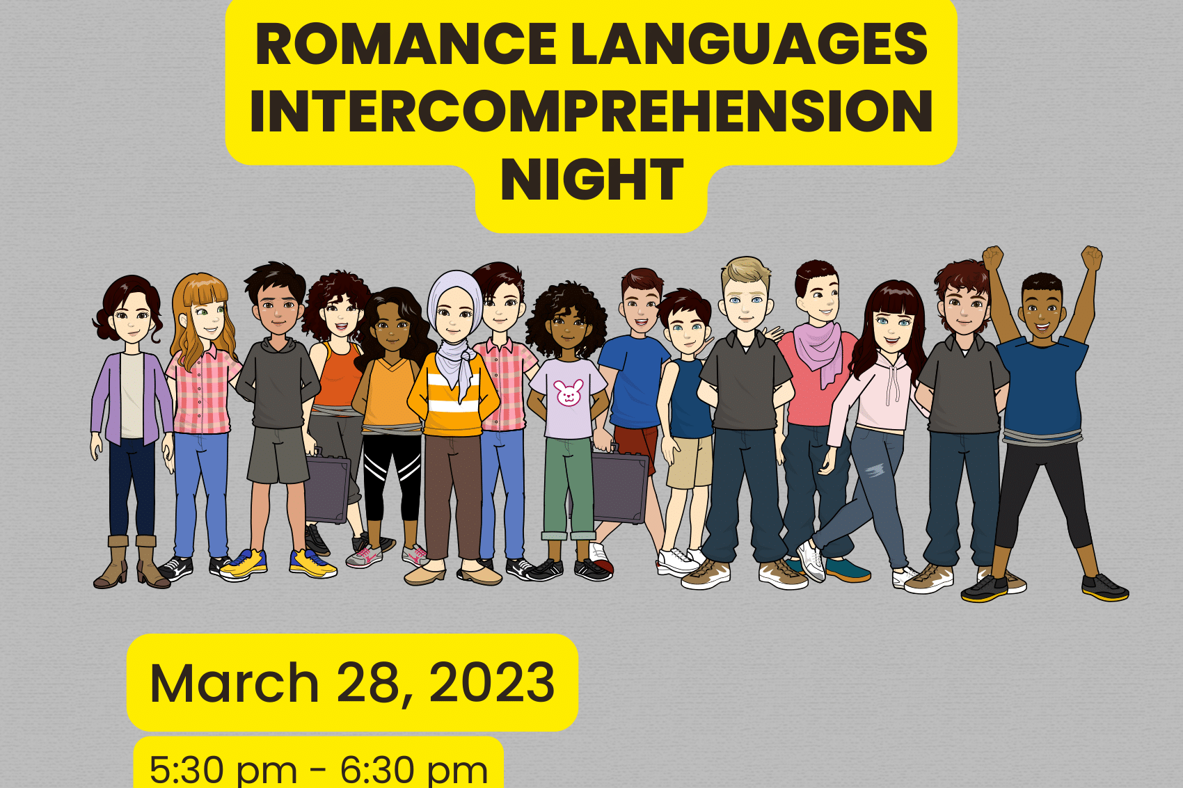 Flyer for Romance Languages Intercomprehension night with a group of people and the event date of March 28, 2023